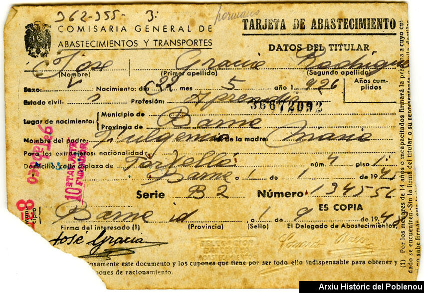 08149 Tarjeta de abastecimiento 1948